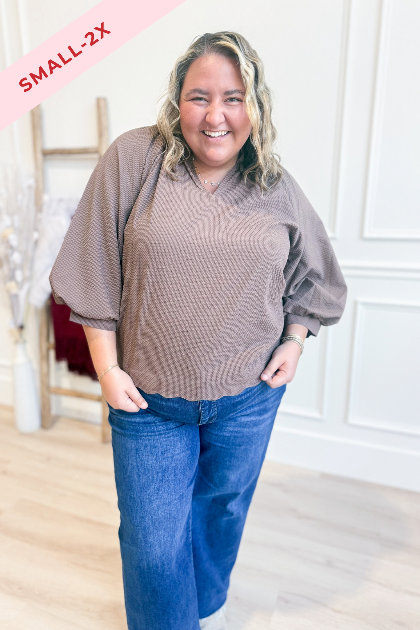 Lacey Textured Scallop Hem Blouse Top - Coremarkets