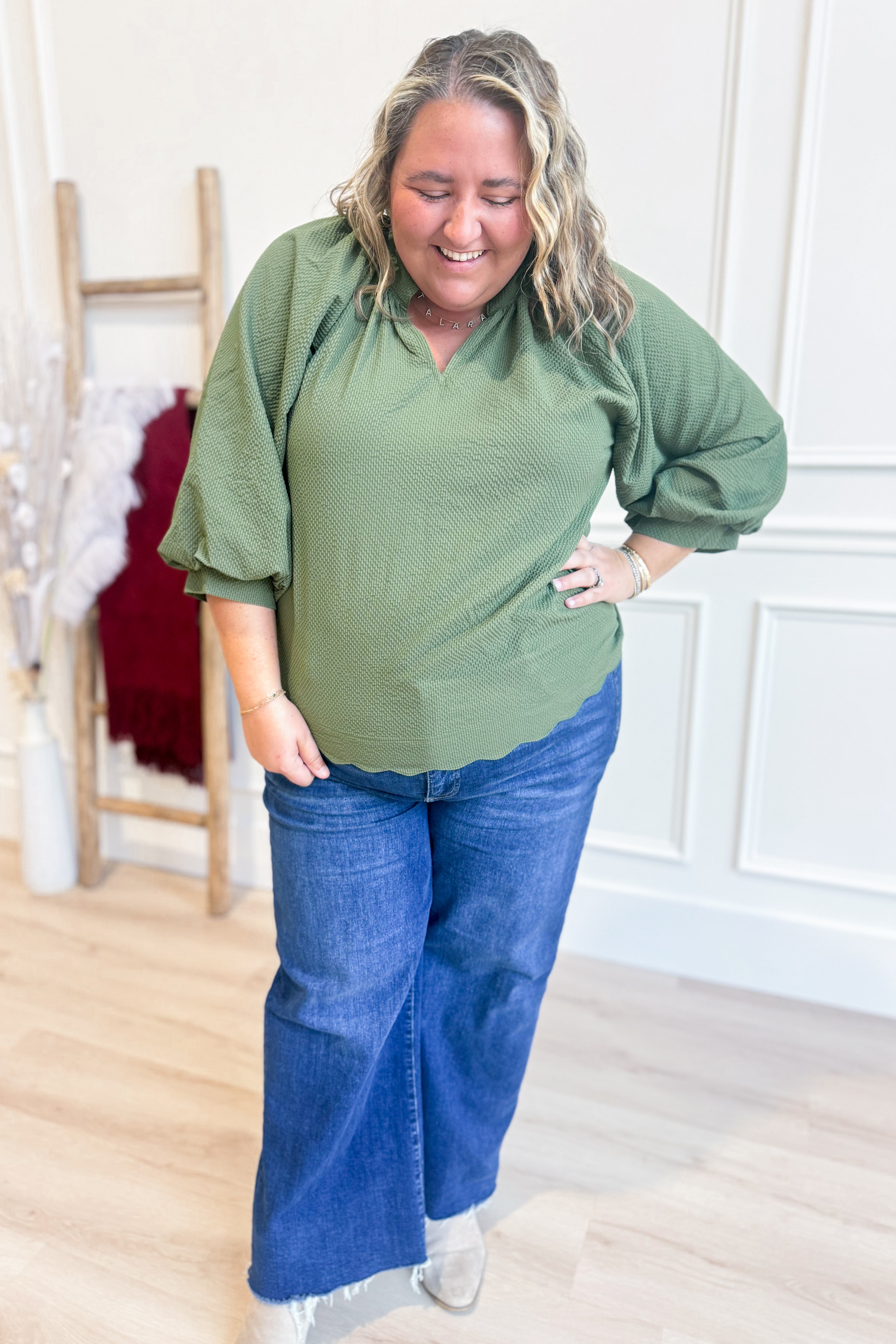 Lacey Textured Scallop Hem Blouse Top - Coremarkets