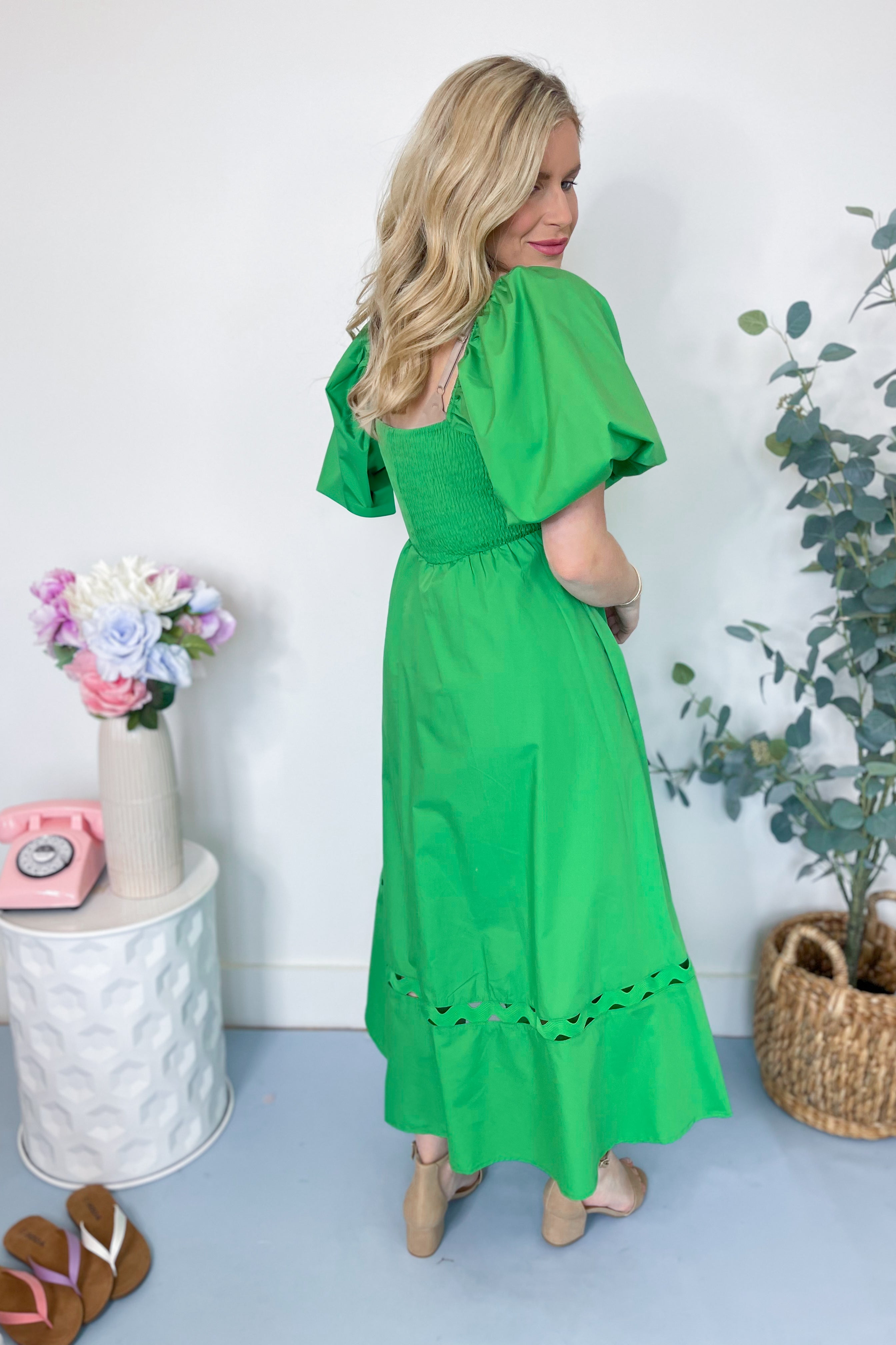 Brennley Puff Sleeve Ric Rac Trim Midi Dress - Coremarkets