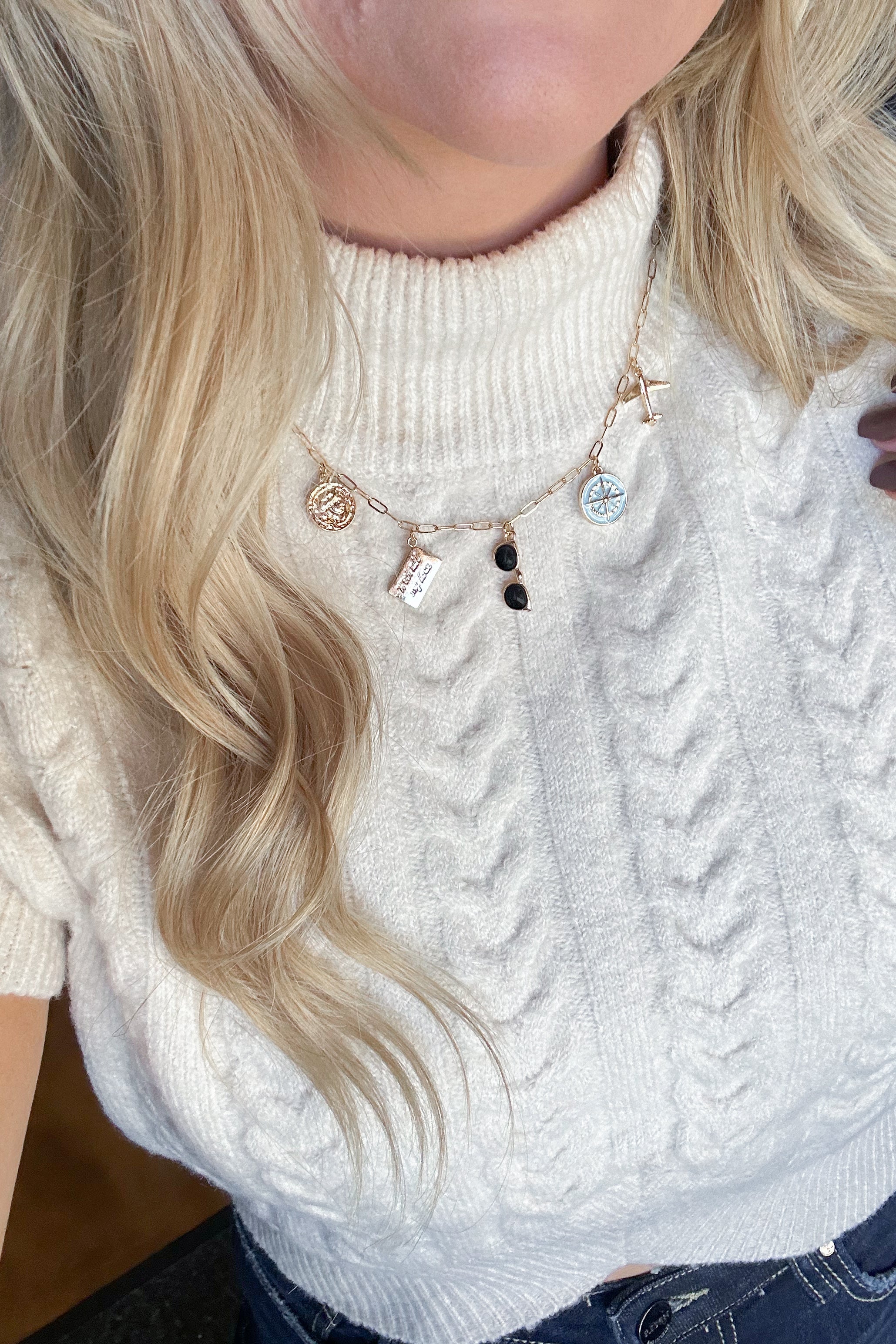 Charm Necklace ~ Gold "Travel" Sunglasses / Airplane Charm Necklace - Coremarkets