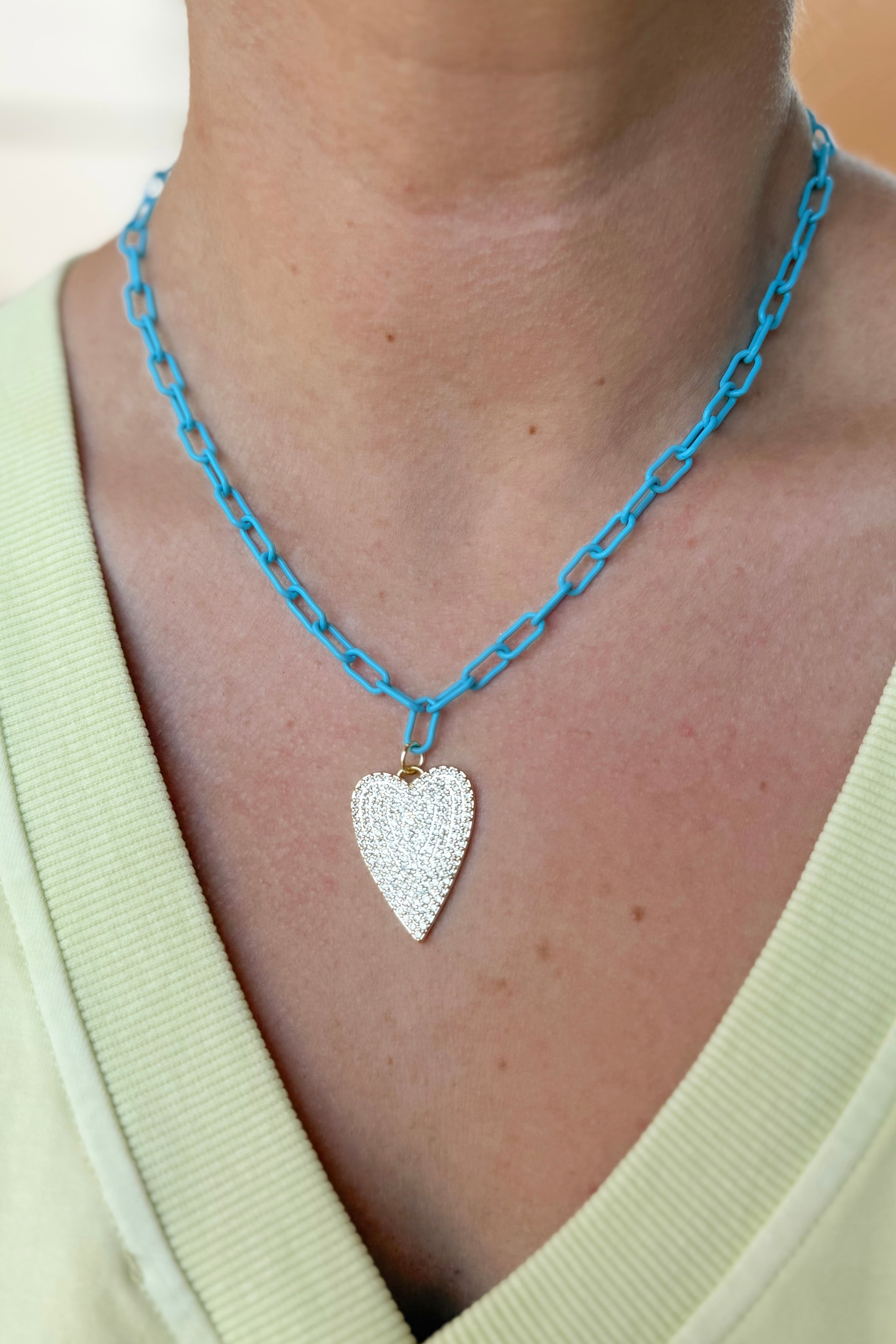 Treasure Jewels Crystal Heart Blue Link Necklace - Coremarkets