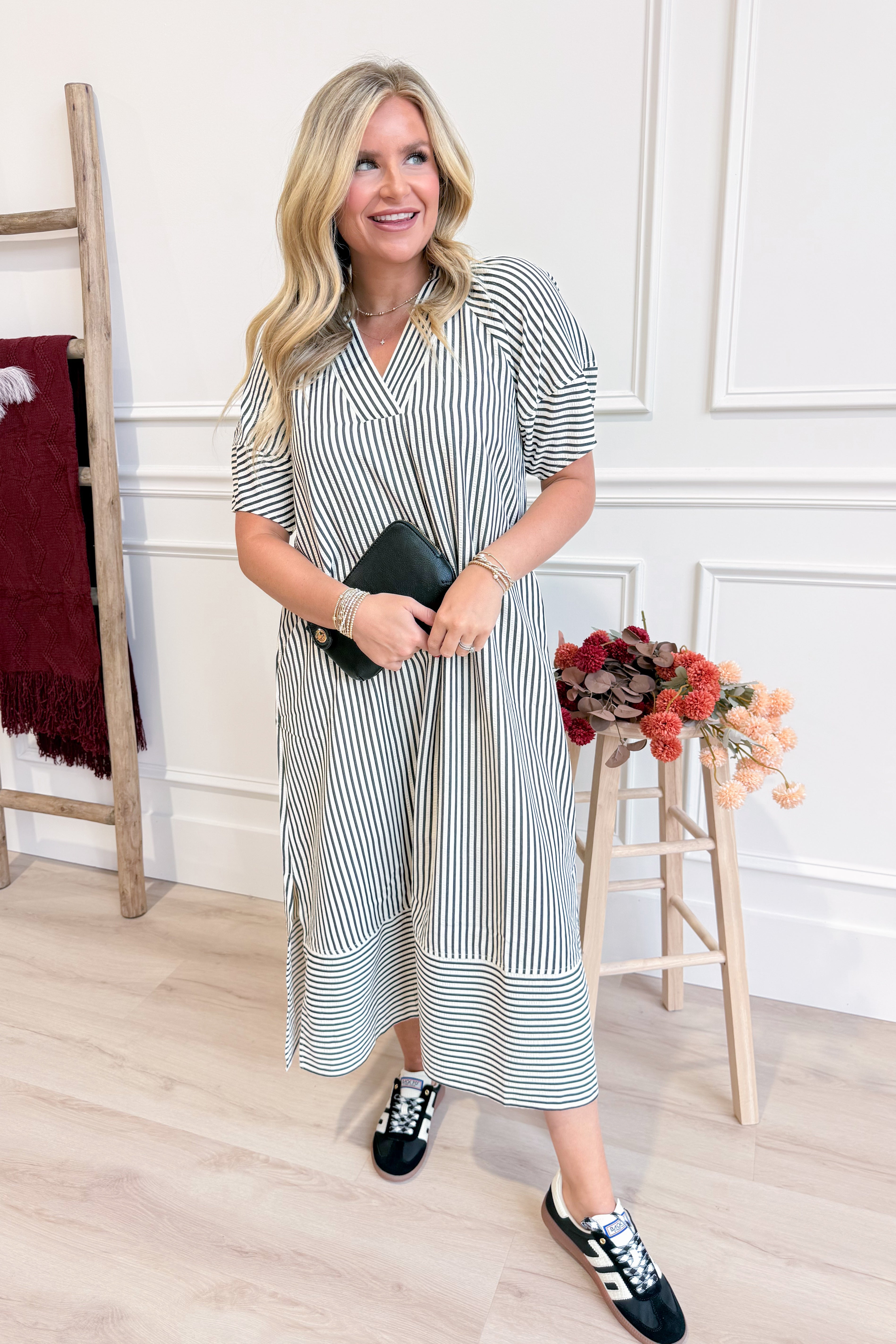 Karen Striped Split Neck Midi Dress - Coremarkets