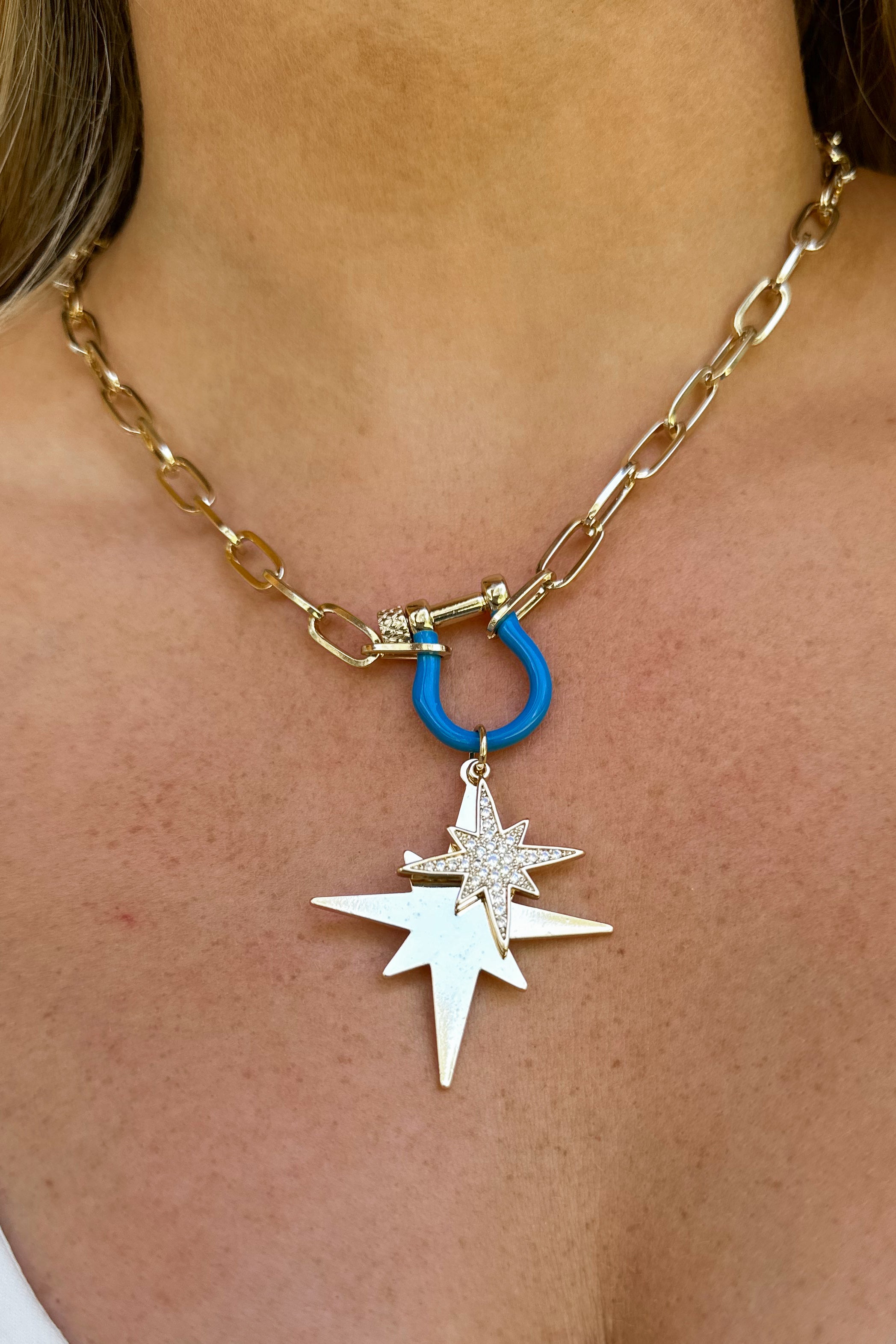 Treasure Jewels Starburst Necklace with Blue Horshoe Clasp - Coremarkets