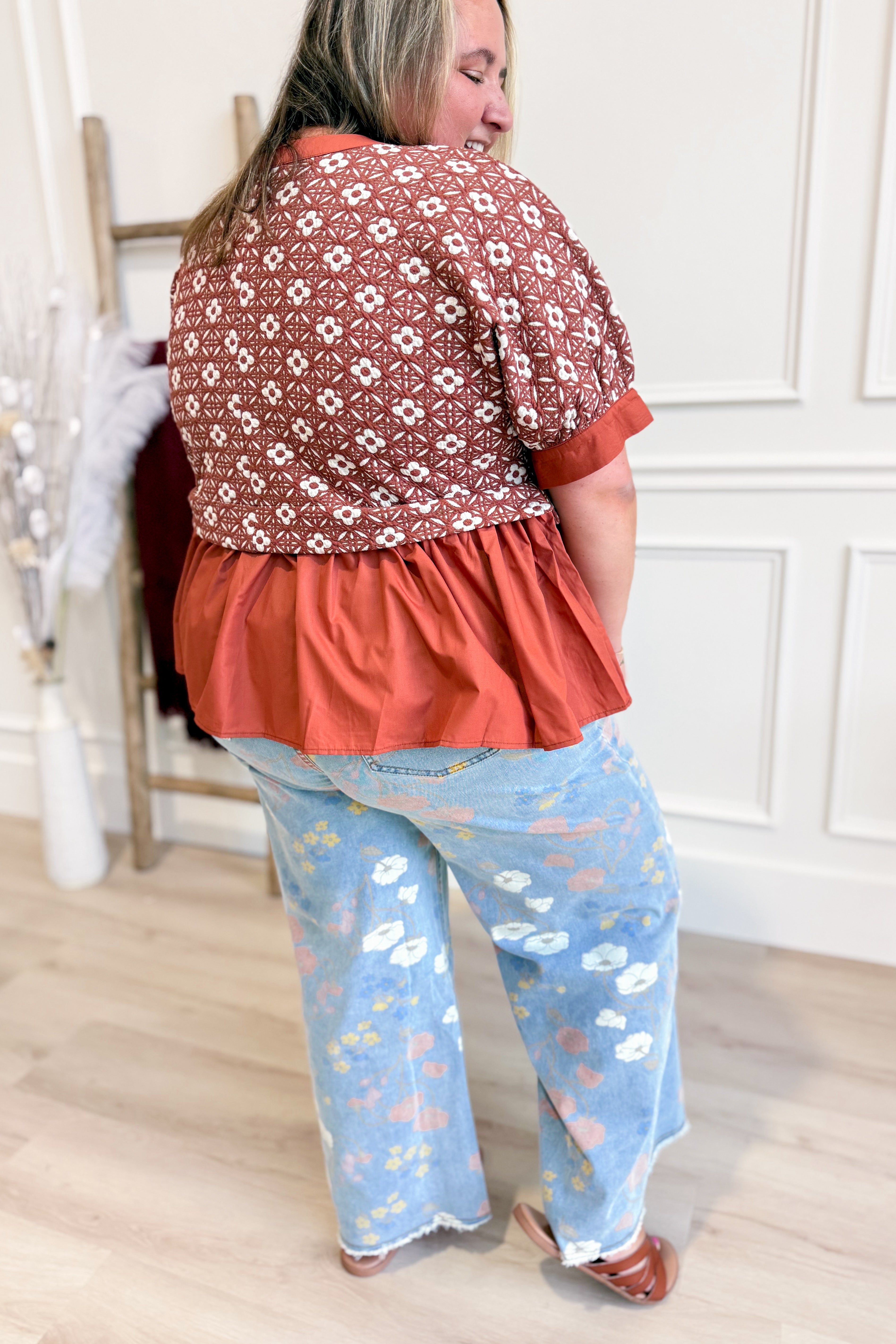 Francine Floral Jacquard Ruffle Hem Top - Coremarkets