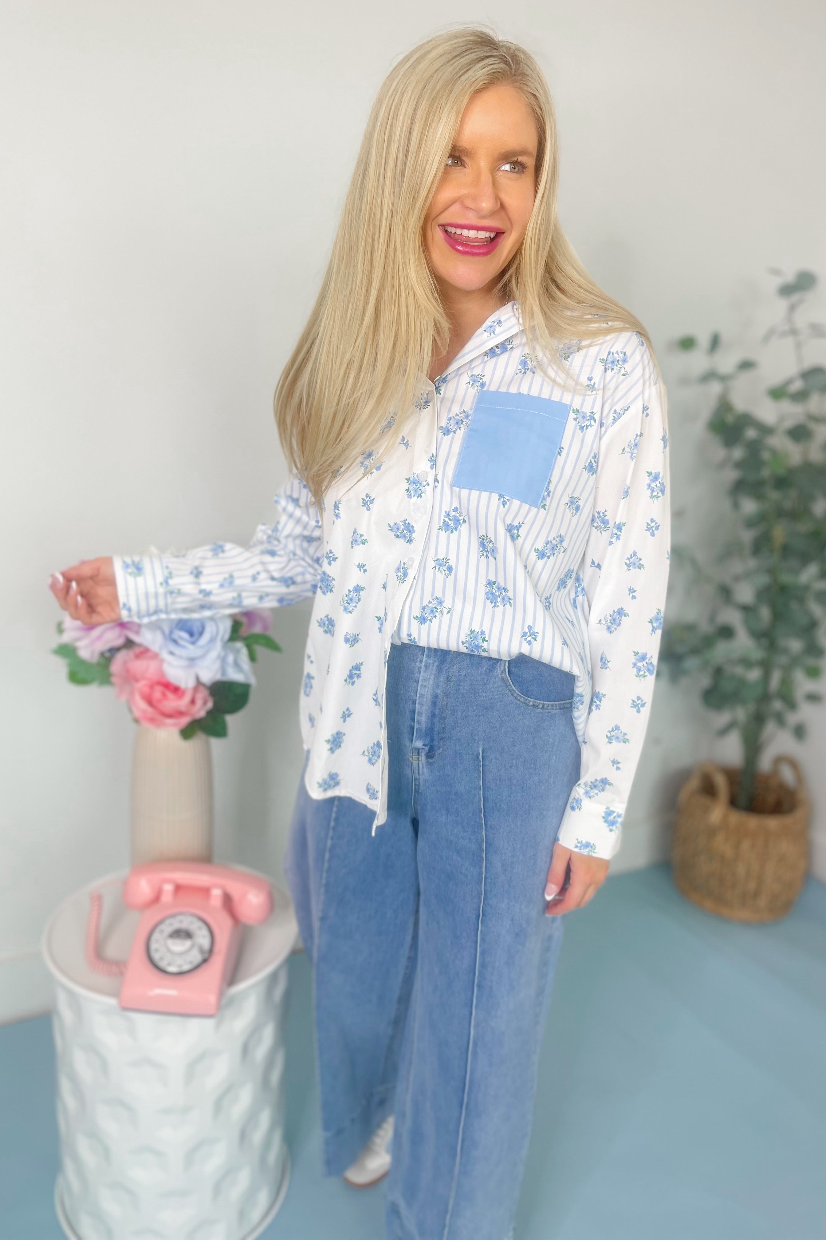 Melanie Stripe & Floral Long Sleeve Poplin Top - Coremarkets