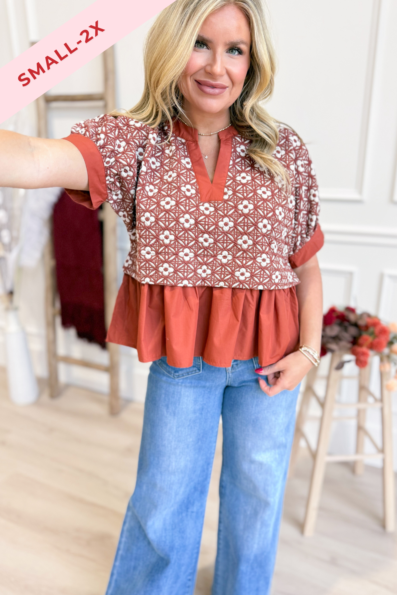 Francine Floral Jacquard Ruffle Hem Top - Coremarkets