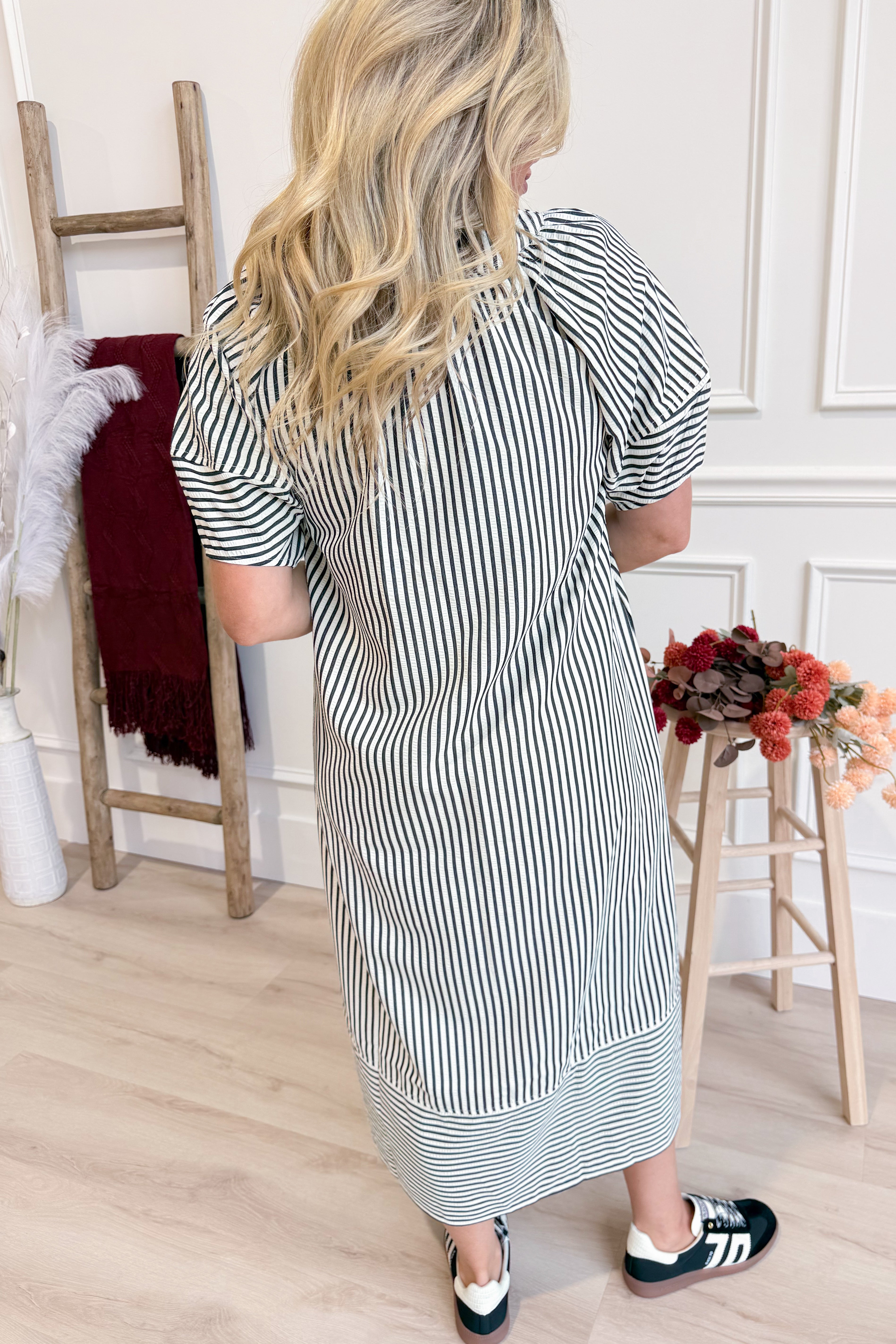 Karen Striped Split Neck Midi Dress - Coremarkets
