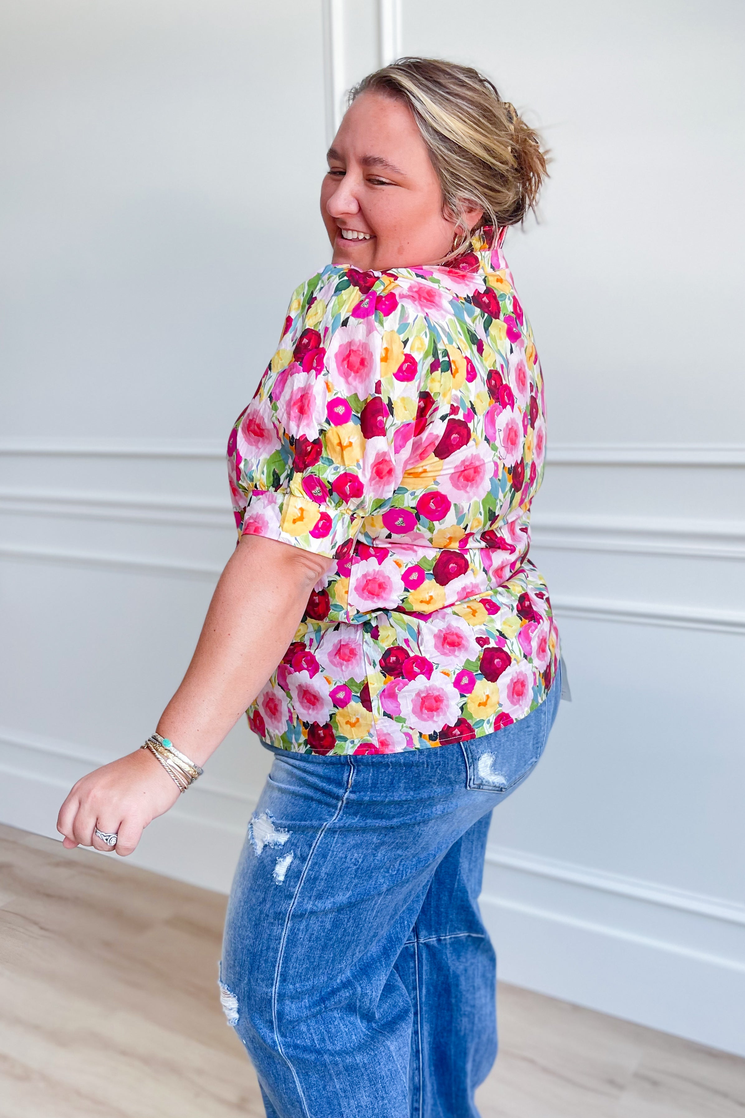 Kenzie Floral Print Split Neck Top - Coremarkets