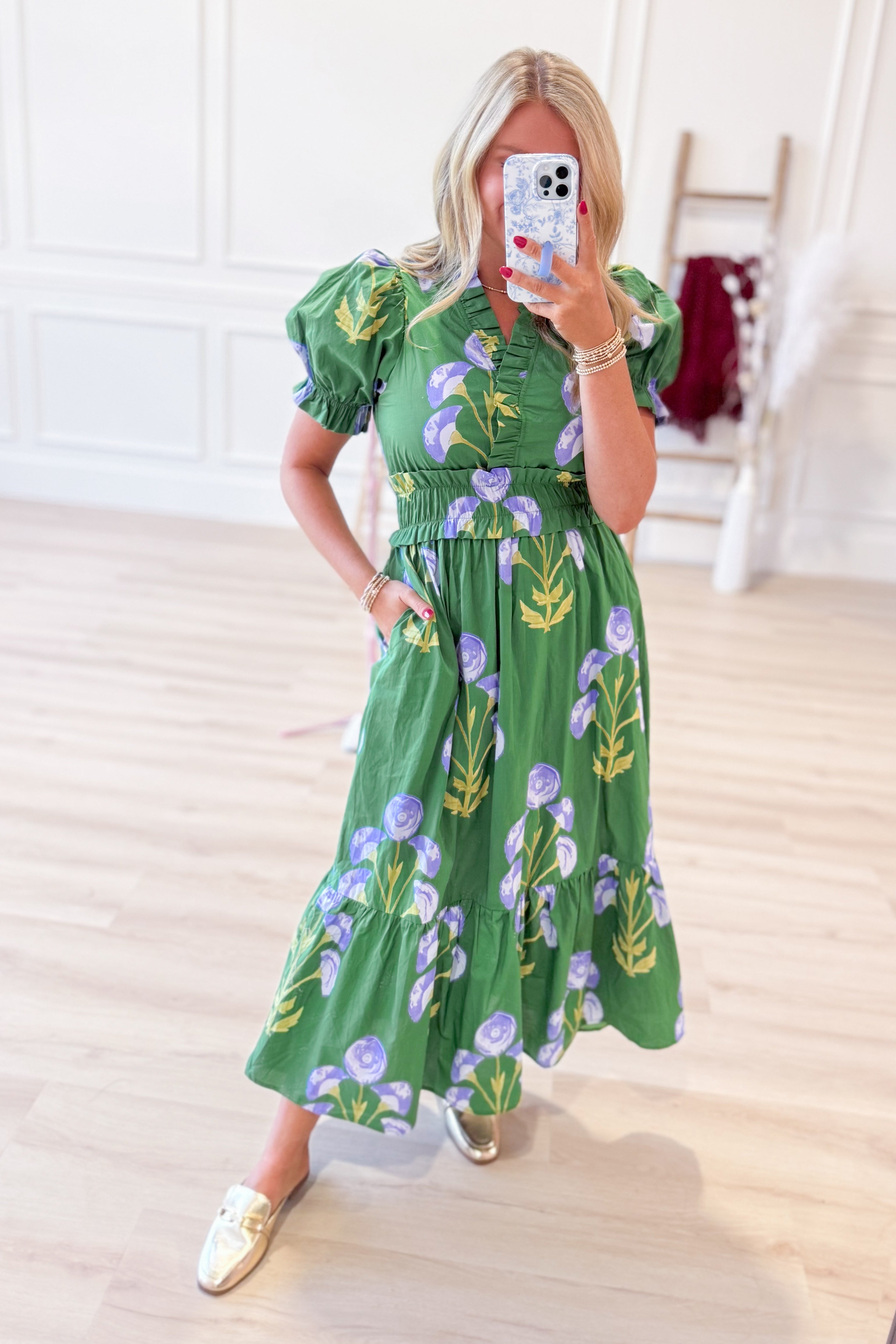 Fiona Puff Sleeve Ruffle Accent Midi Dress - Coremarkets
