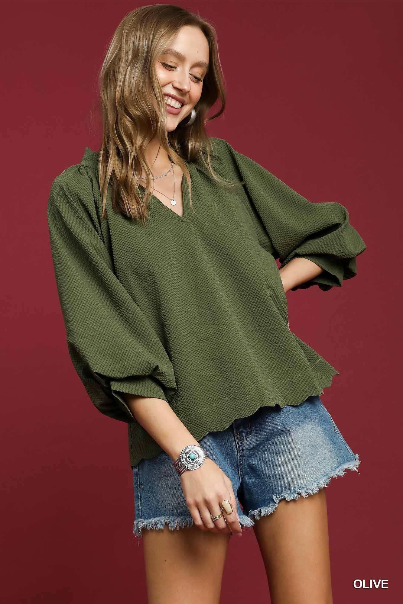 Lacey Textured Scallop Hem Blouse Top **waiting on plus** - Coremarkets