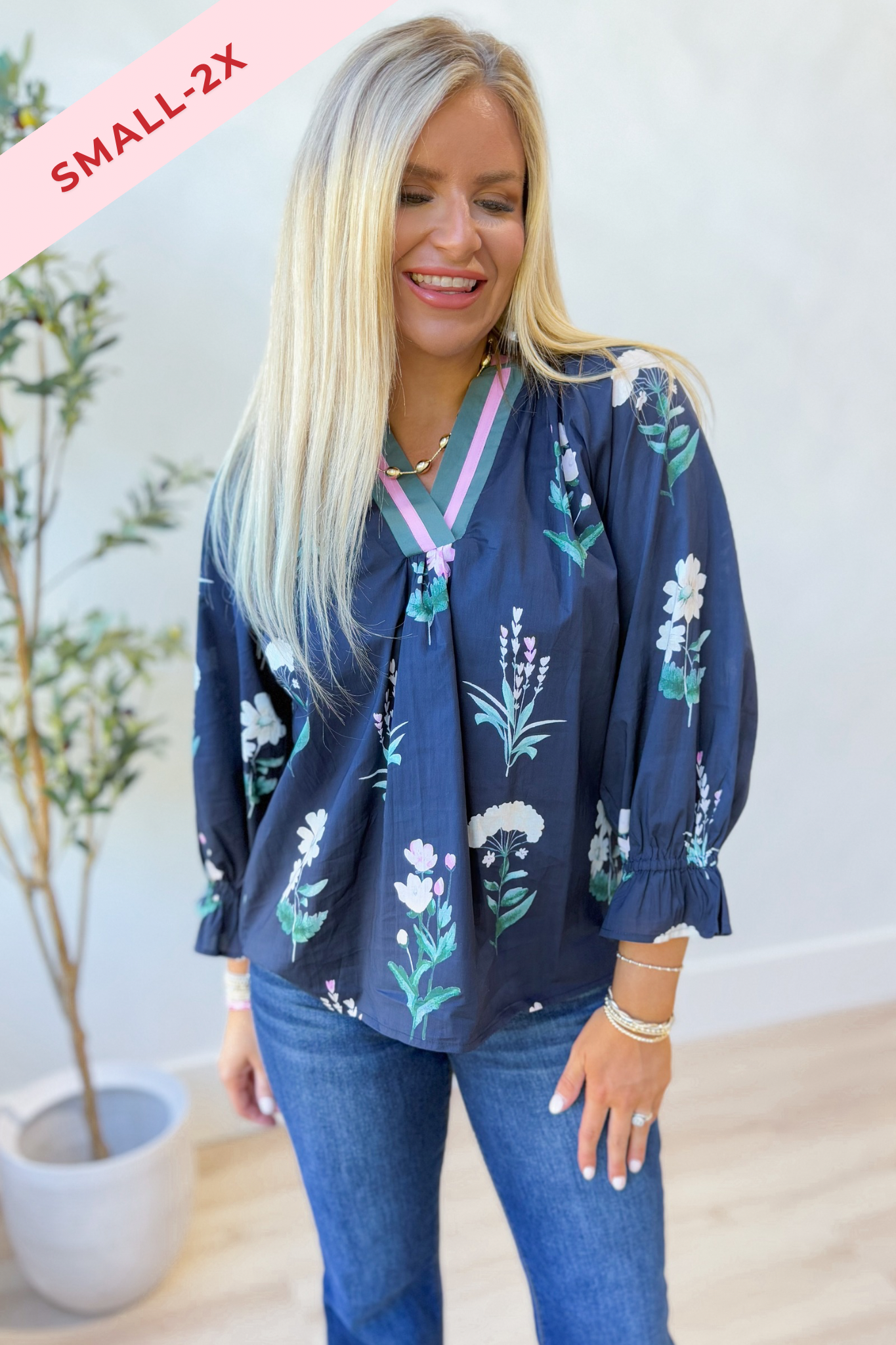 Hannah Floral Print Contrast Trim Blouse - Coremarkets