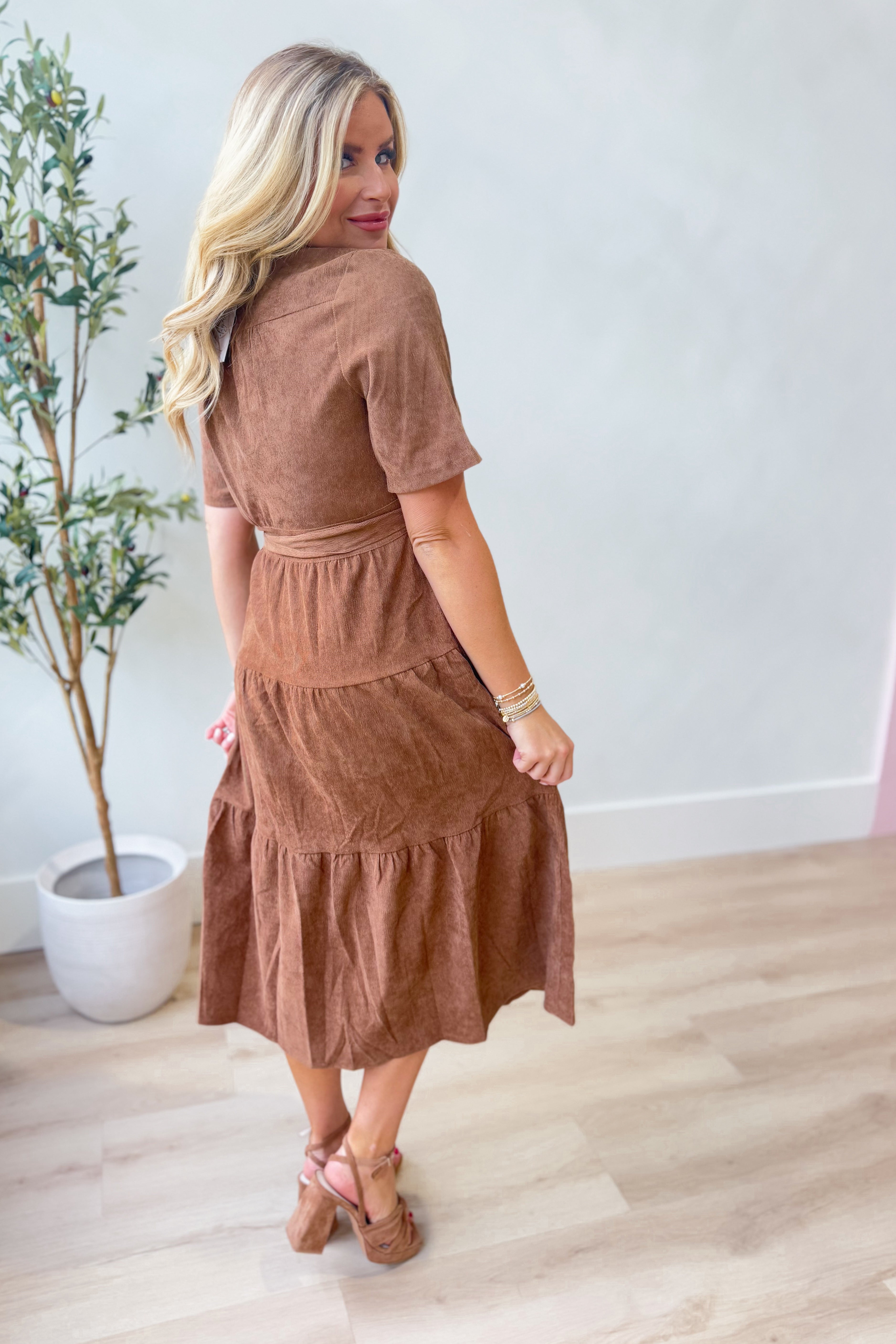 Lucy Corduroy Tie Waist Midi Dress - Coremarkets