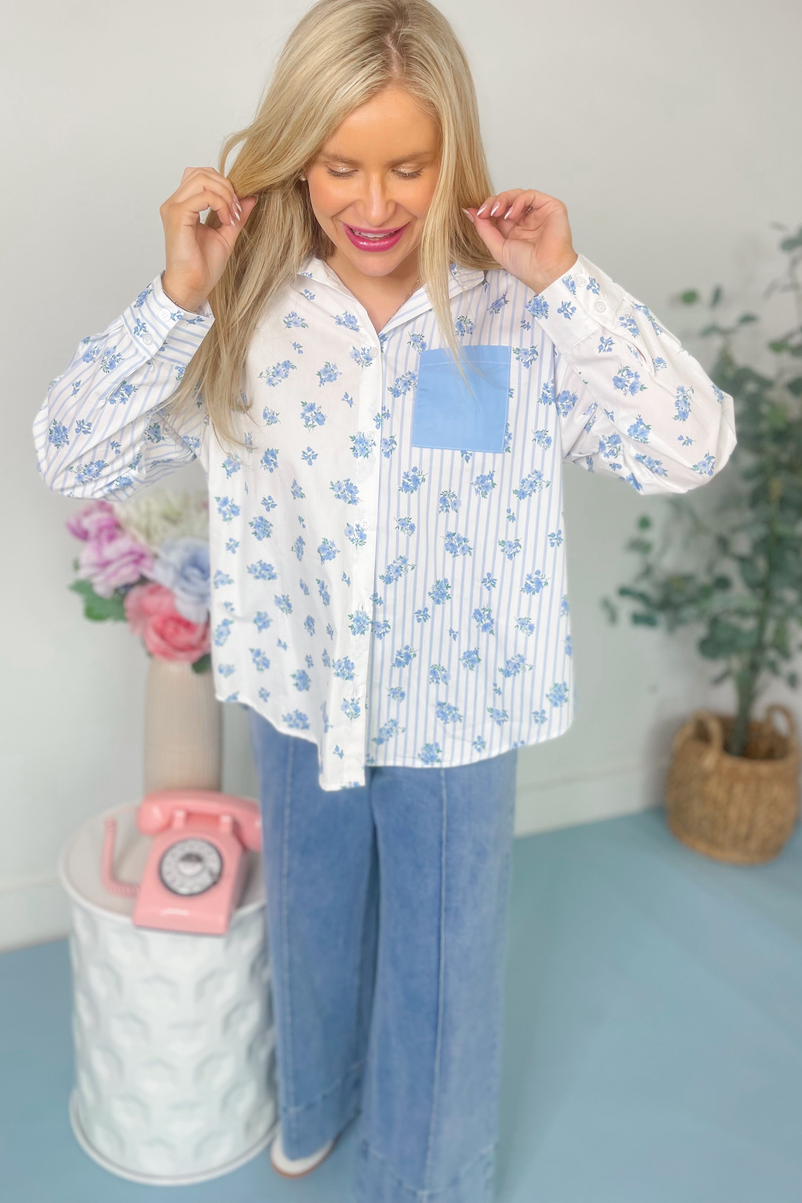 Melanie Stripe & Floral Long Sleeve Poplin Top - Coremarkets