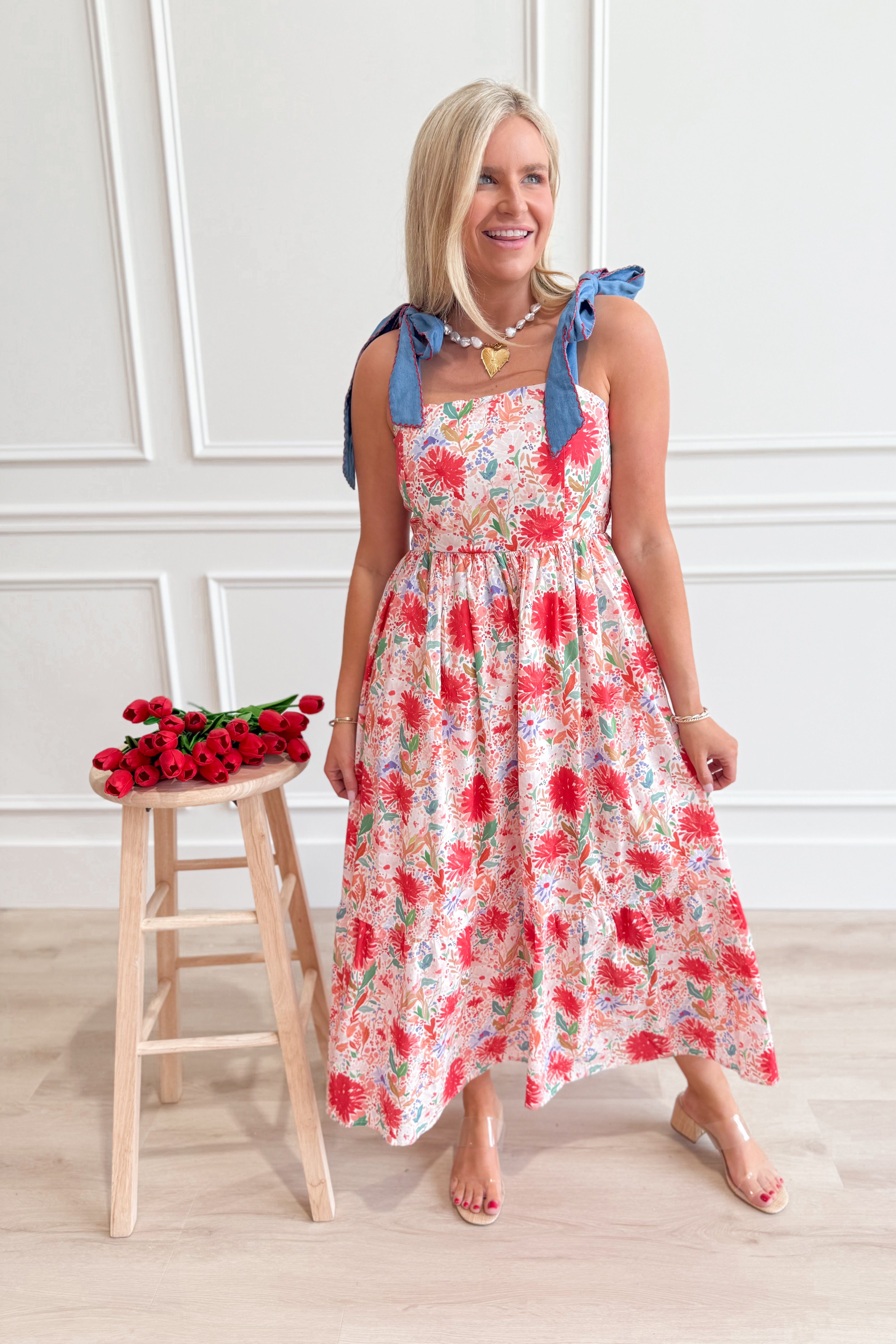 Chrissy Floral Bow Tie Strap Dress - Coremarkets