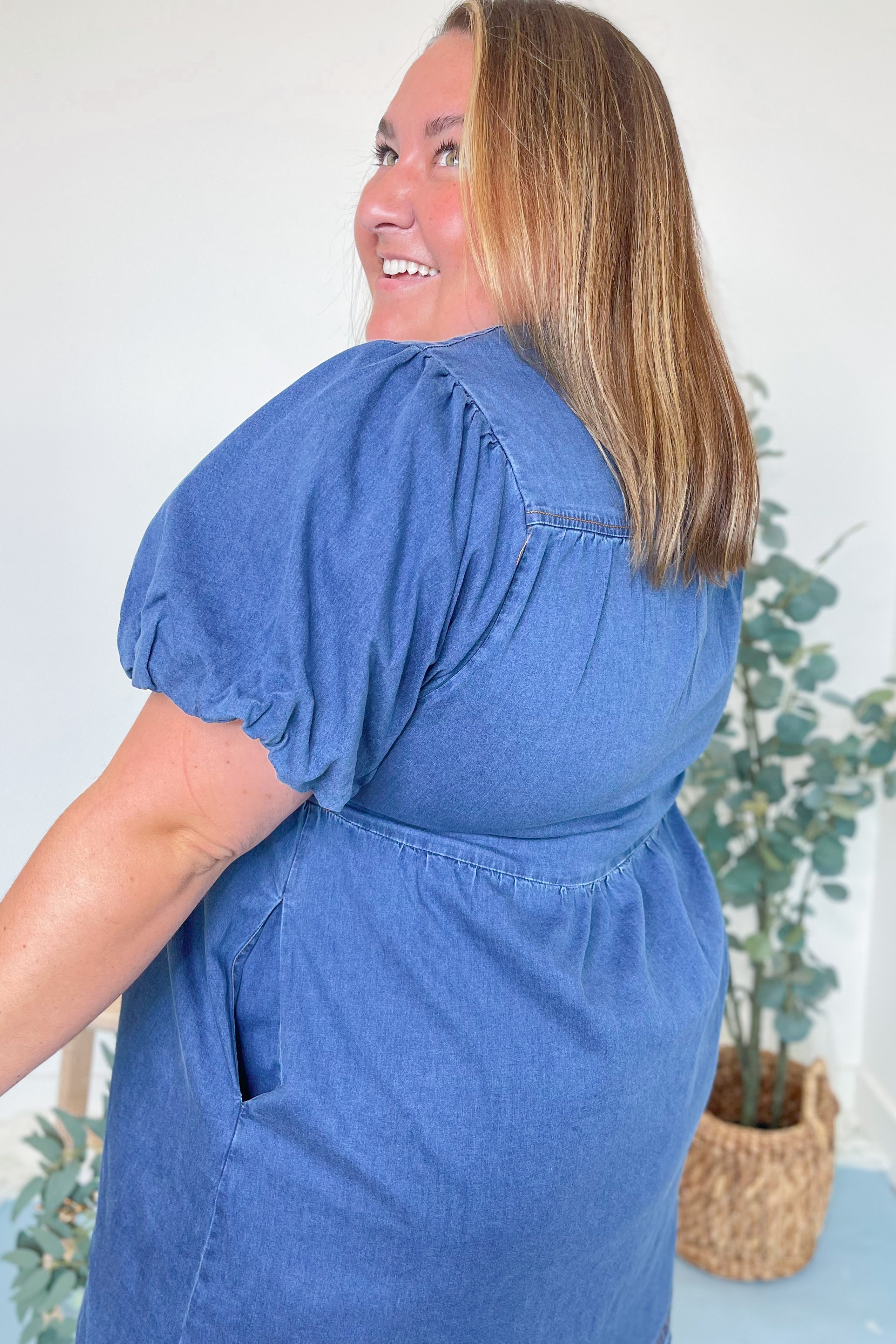 Heather Balloon Sleeve Peplum Denim Dress - Coremarkets