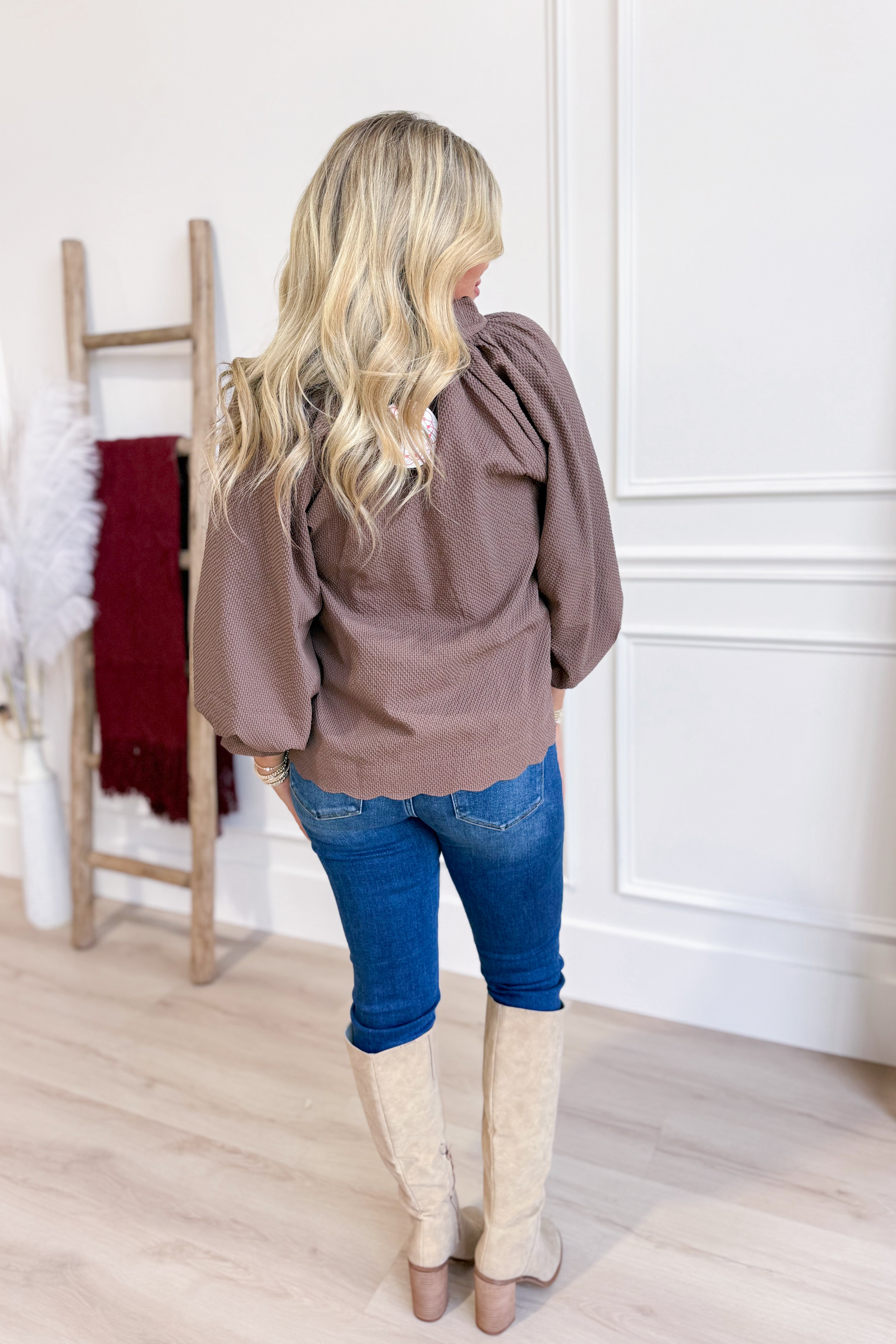 Lacey Textured Scallop Hem Blouse Top - Coremarkets