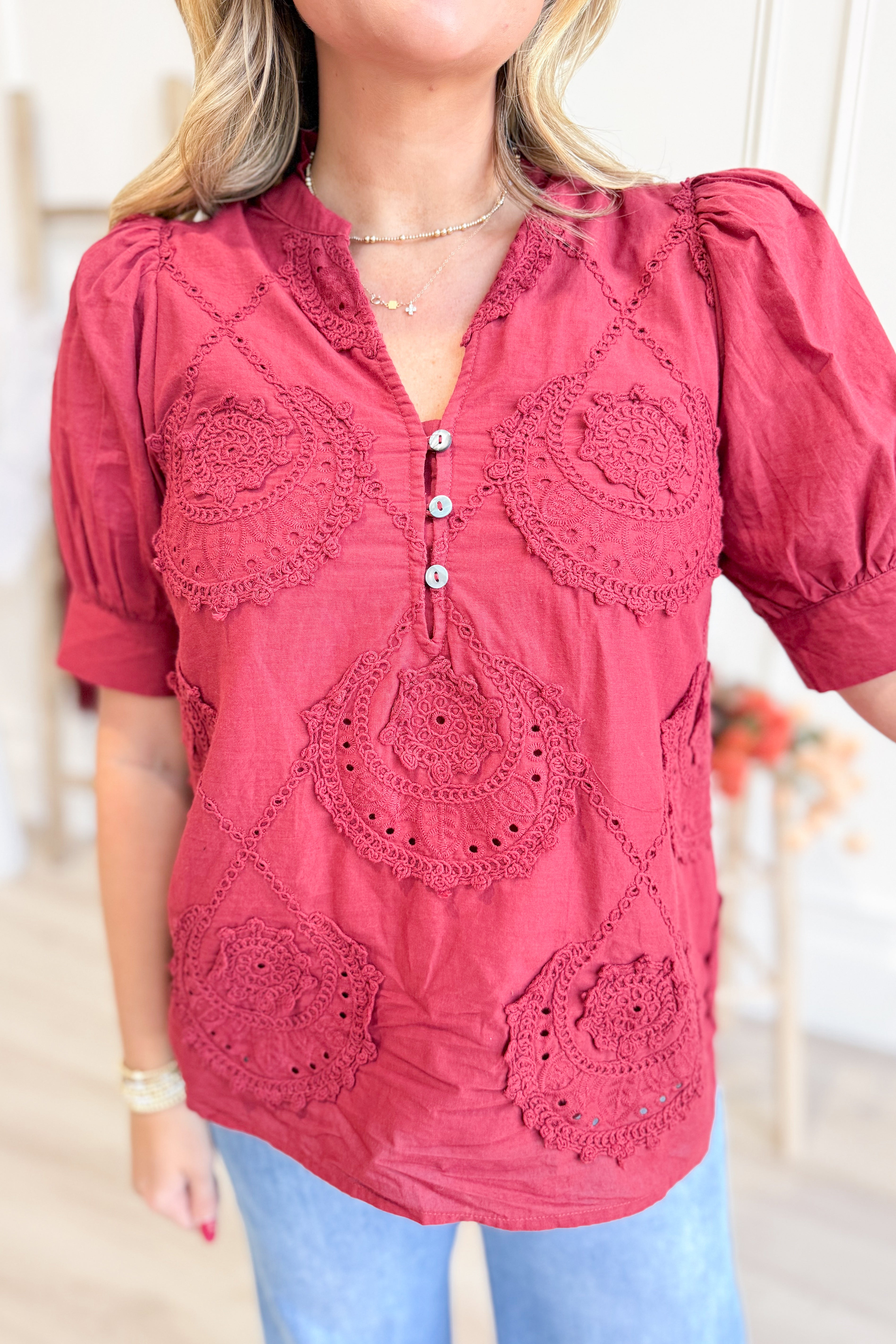 Lacy Embroidered Applique Accented Top - Coremarkets