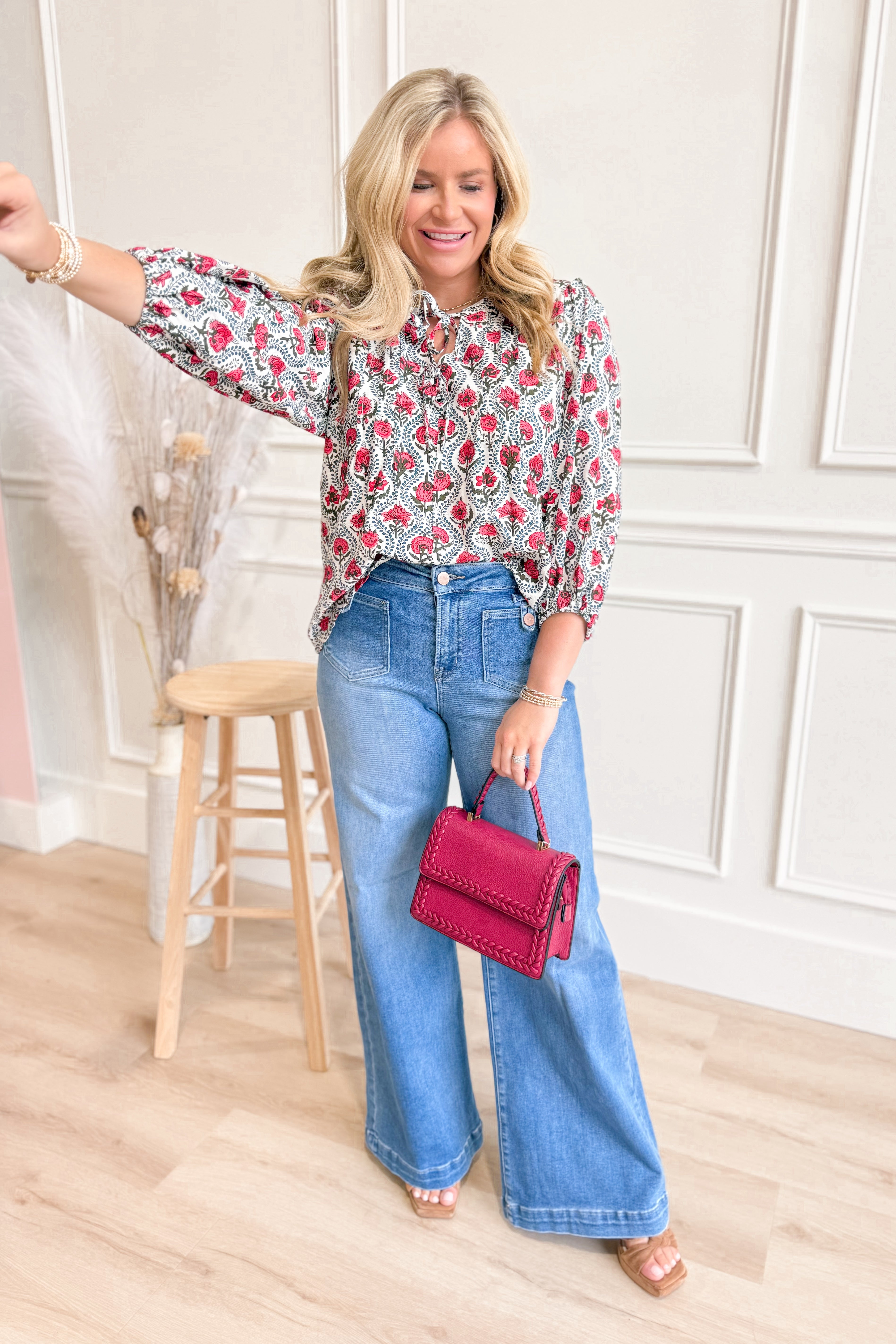 Sasha Flower Print Balloon Sleeve Top - Coremarkets