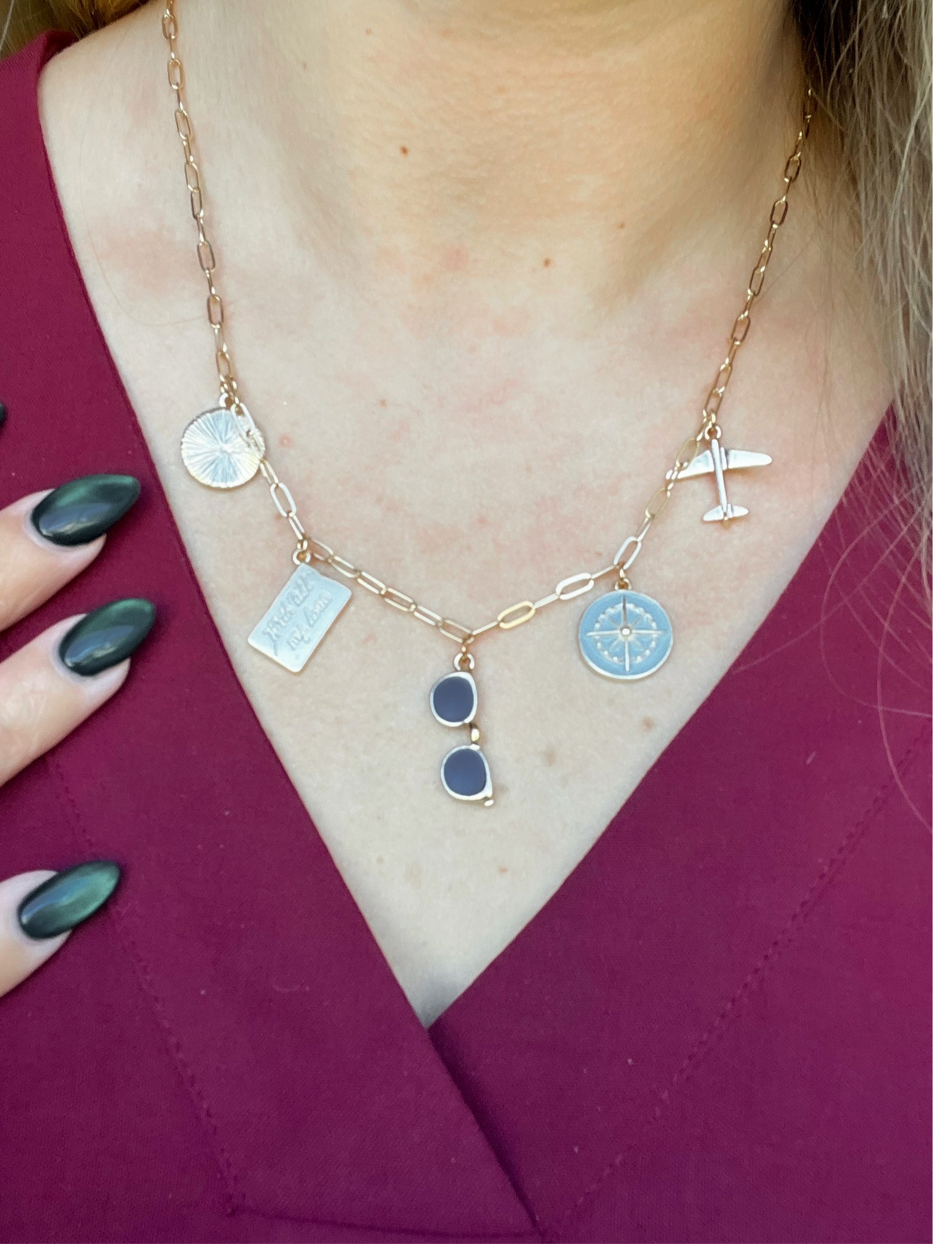 Charm Necklace ~ Gold "Travel" Sunglasses / Airplane Charm Necklace - Coremarkets