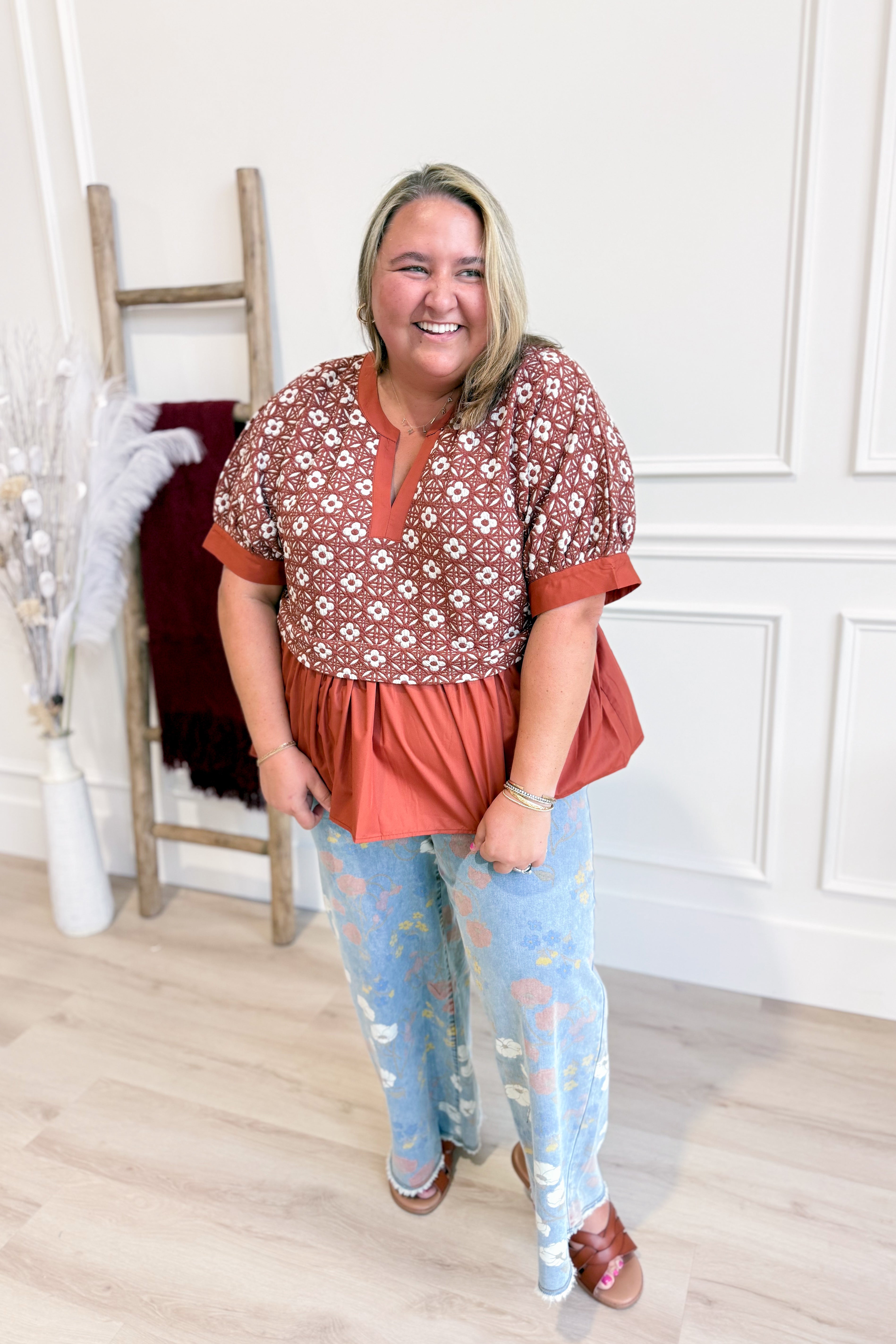 Francine Floral Jacquard Ruffle Hem Top - Coremarkets