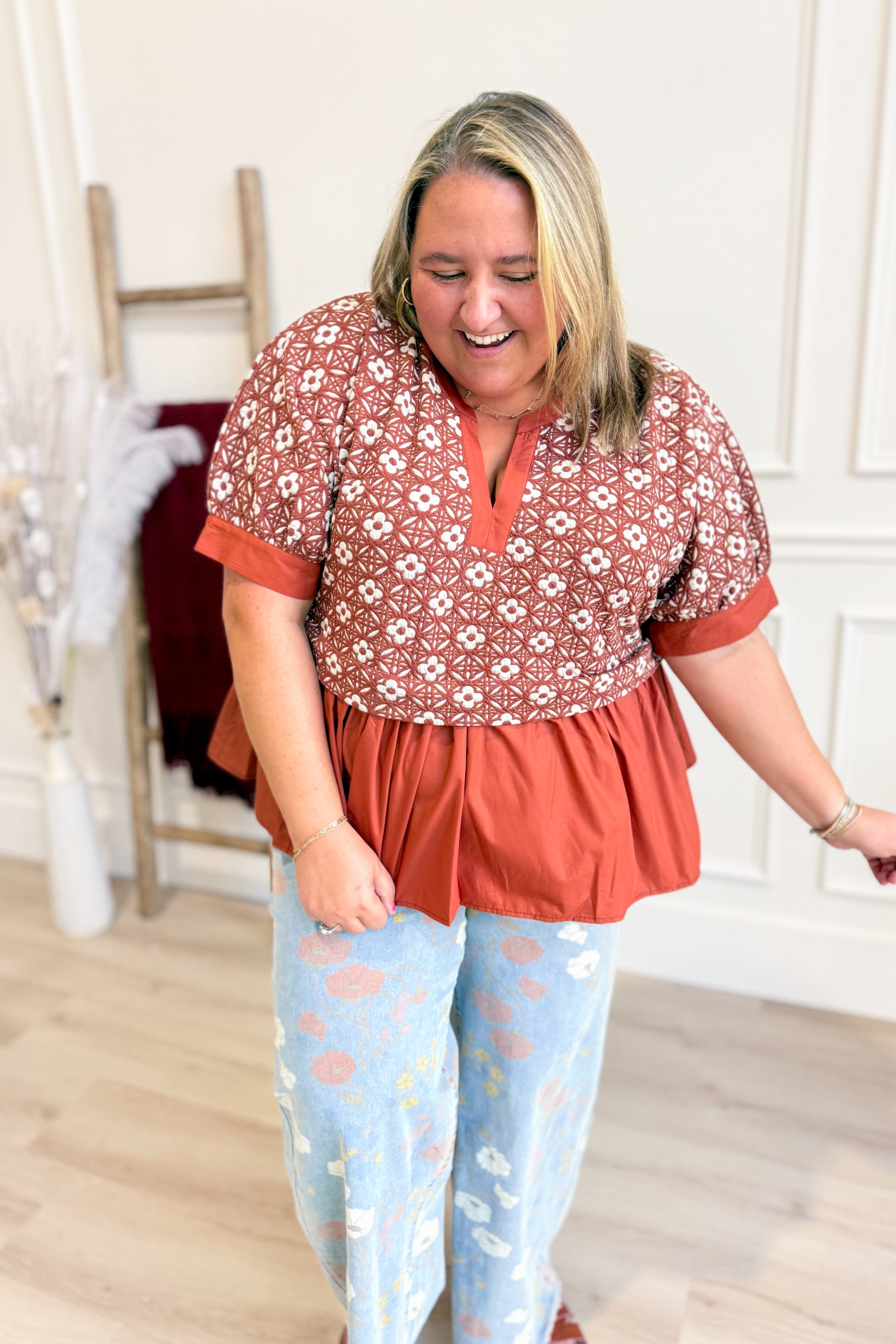 Francine Floral Jacquard Ruffle Hem Top - Coremarkets