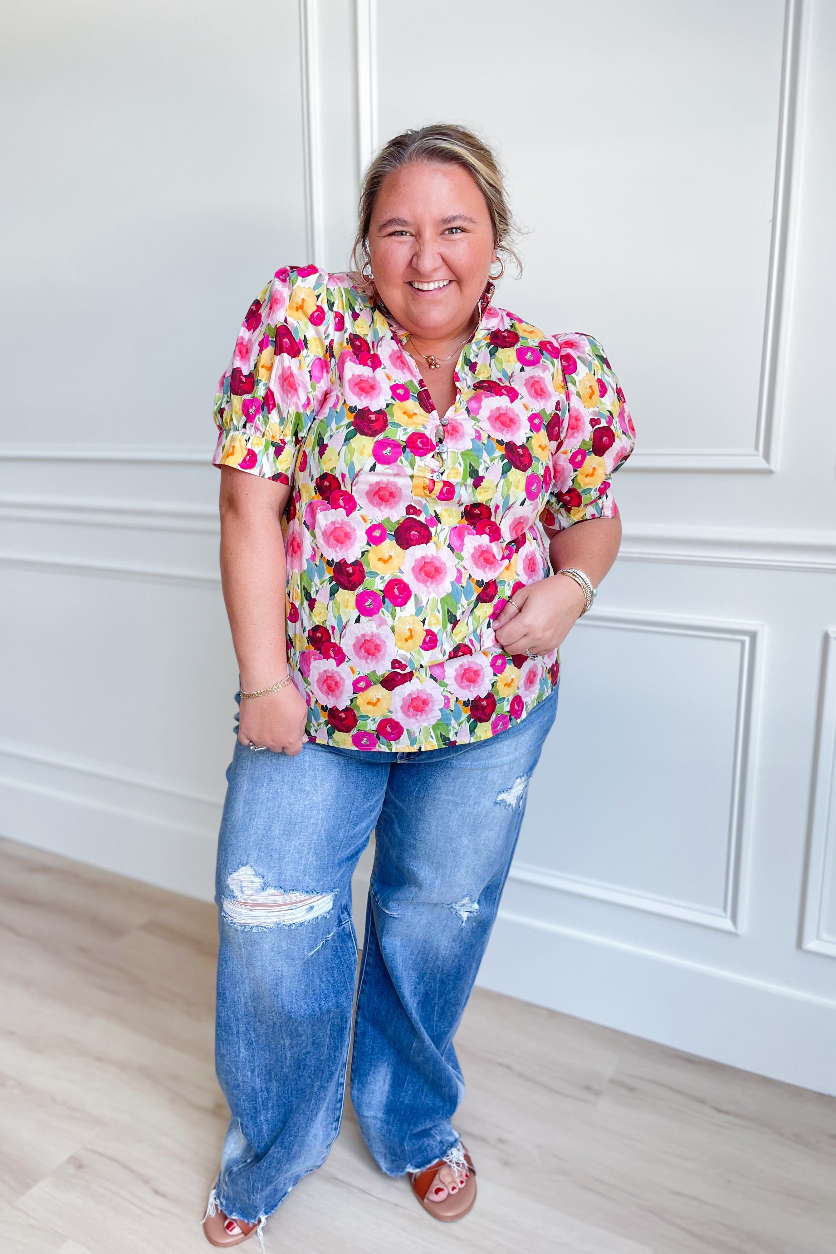 Kenzie Floral Print Split Neck Top - Coremarkets