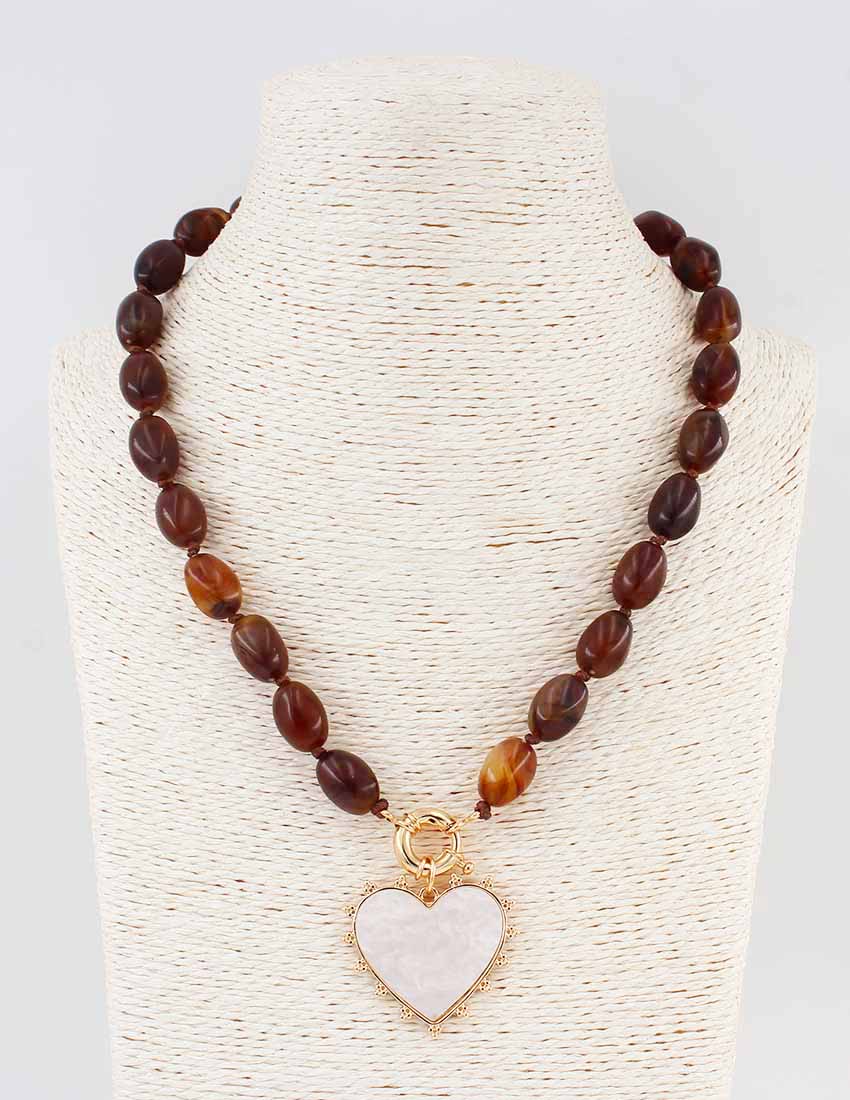 Brown Beaded Natural Stone w/ Pearlized Heart Charm Necklace - Coremarkets