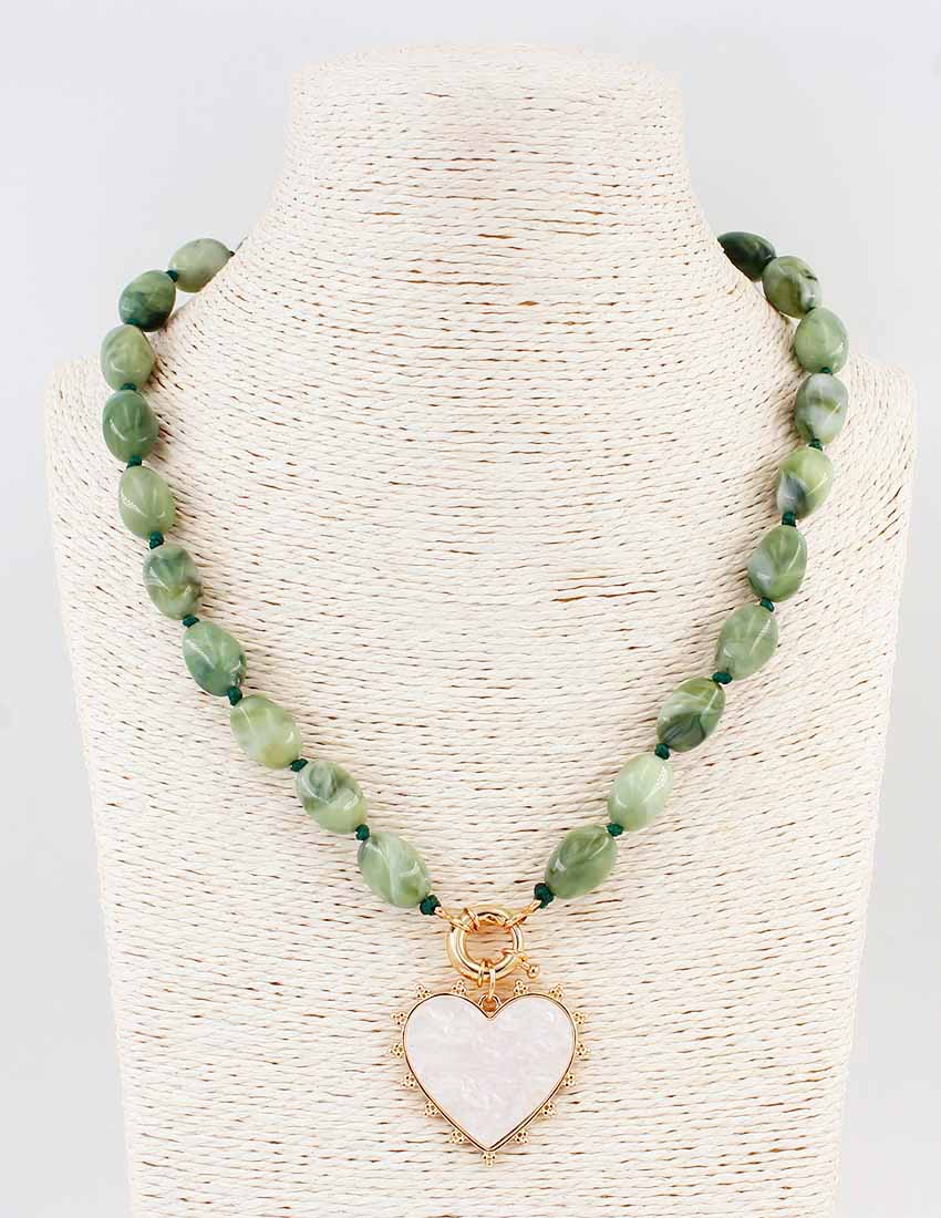 Green Beaded Natural Stone w/ Pearlized Heart Charm Necklace - Coremarkets