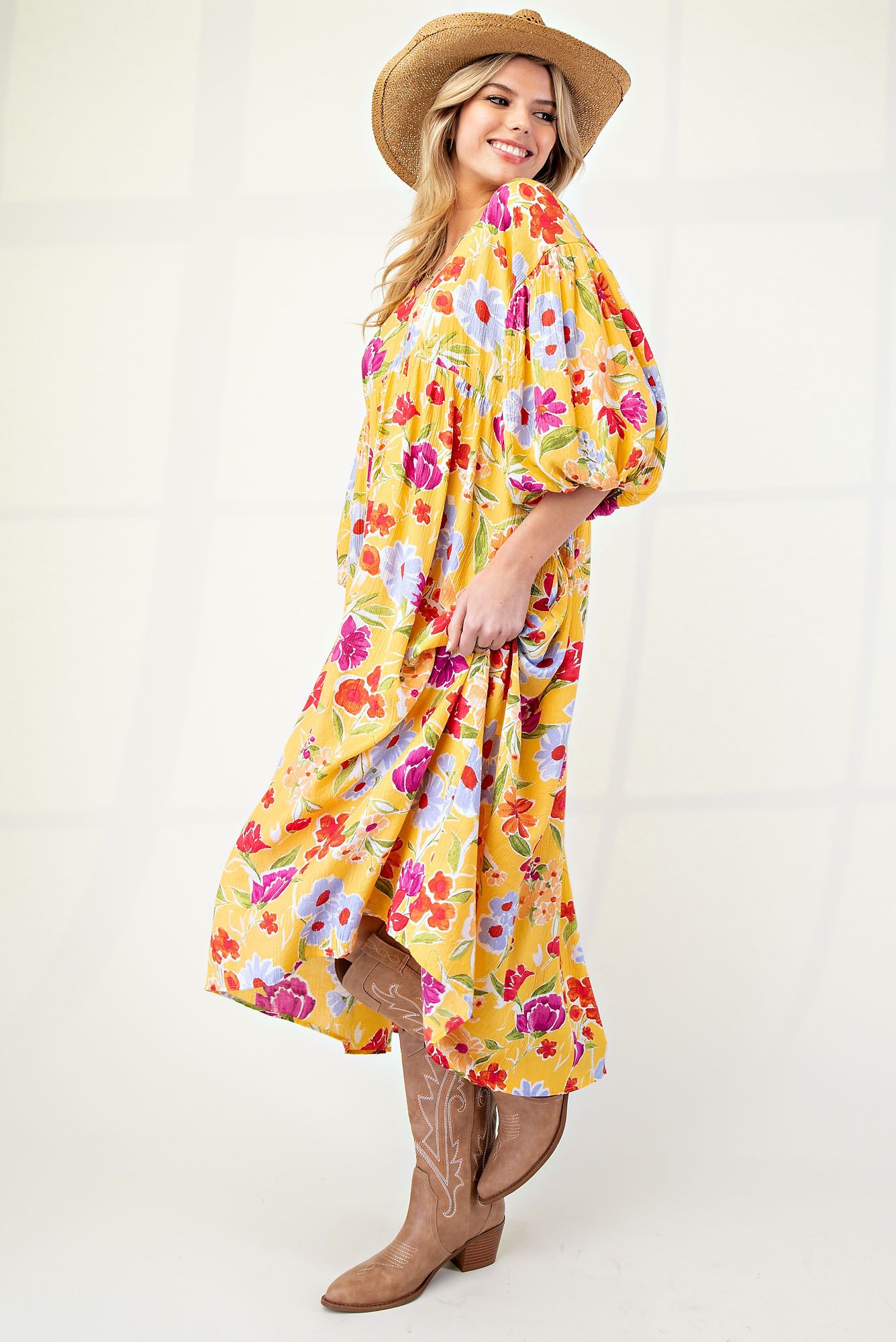 Serena Blossom Print Bubble Sleeve Maxi Dress - Coremarkets