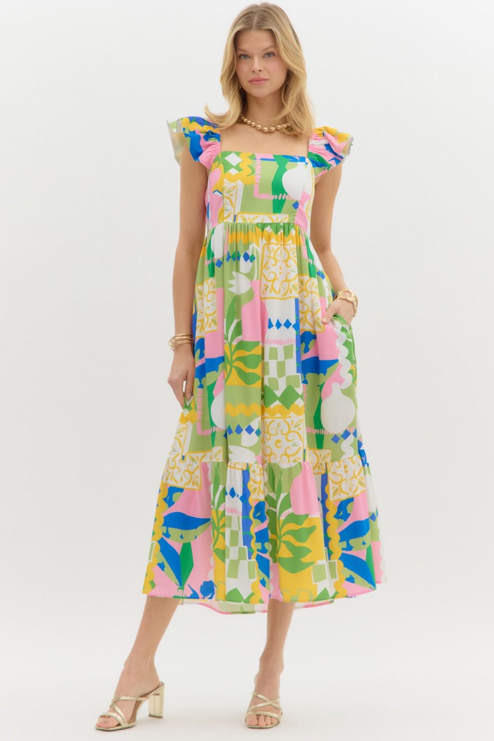 Lauren Abstract Printed Flutter Sleeve Dress - Coremarkets