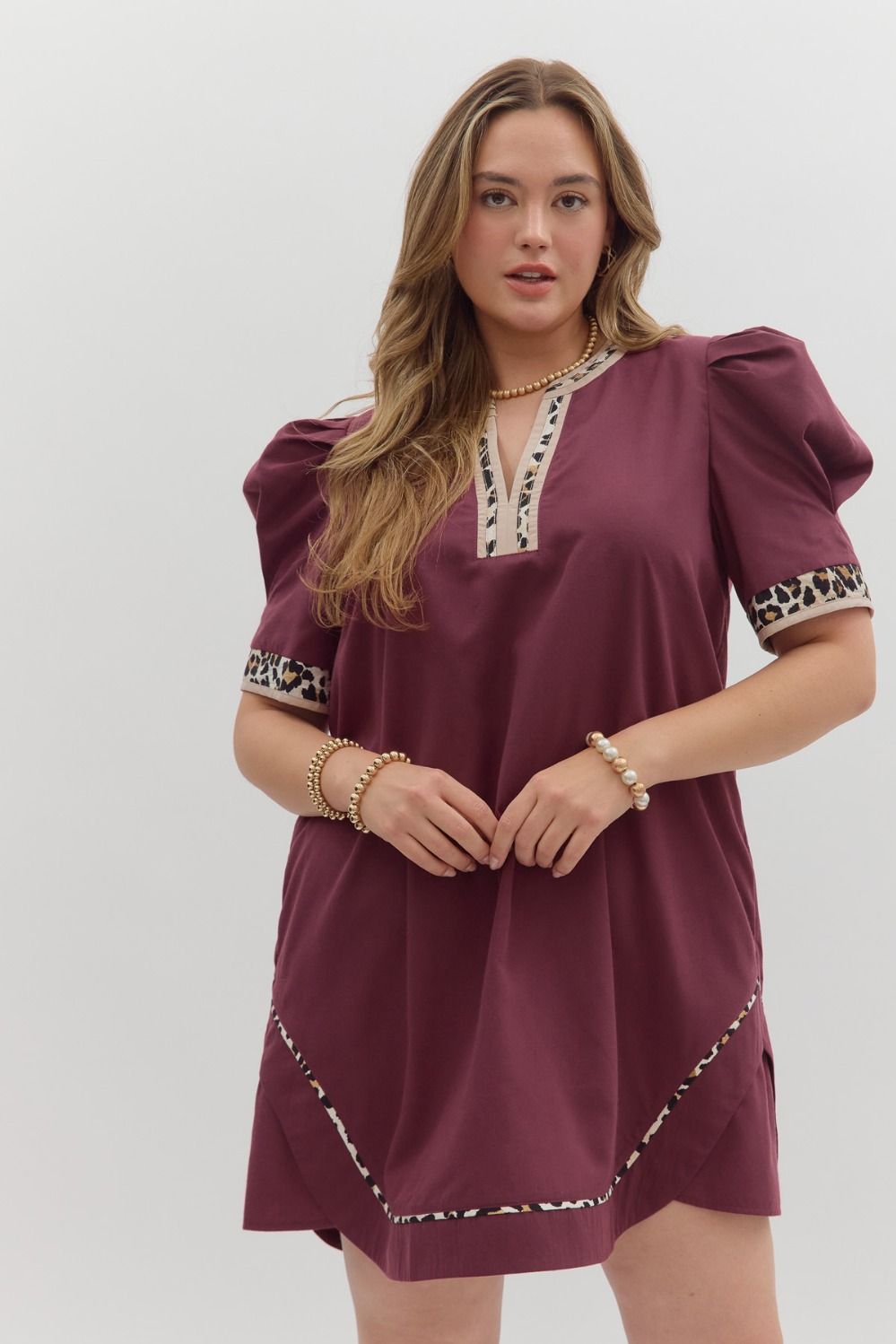 Sarah Leopard Trim Split Neck Dress *waiting on reg* - Coremarkets