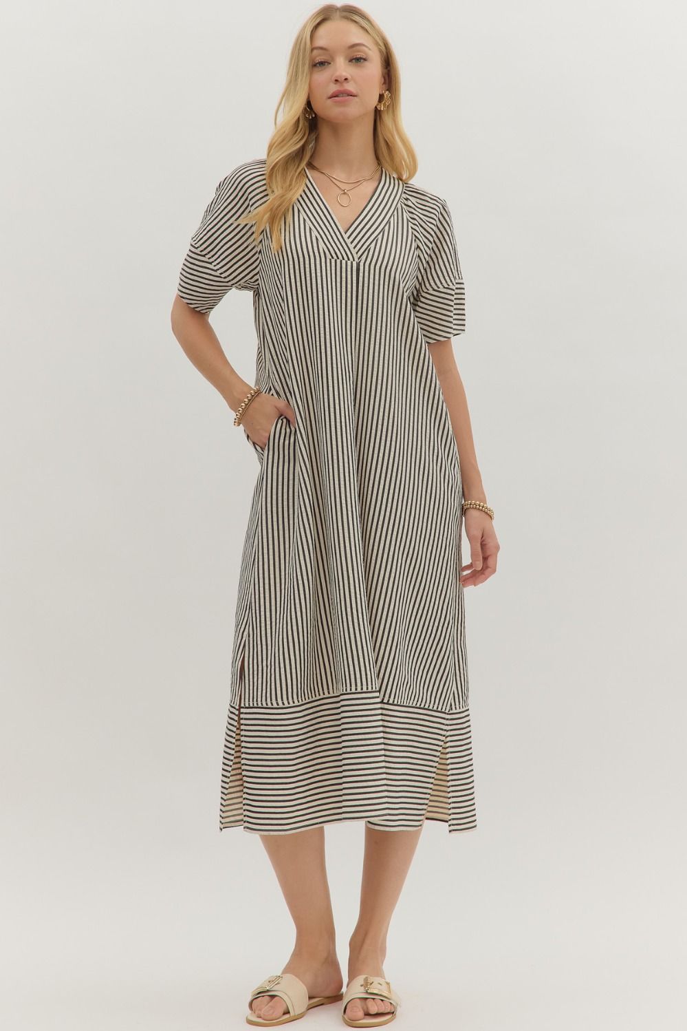 Karen Striped Split Neck Midi Dress - Coremarkets