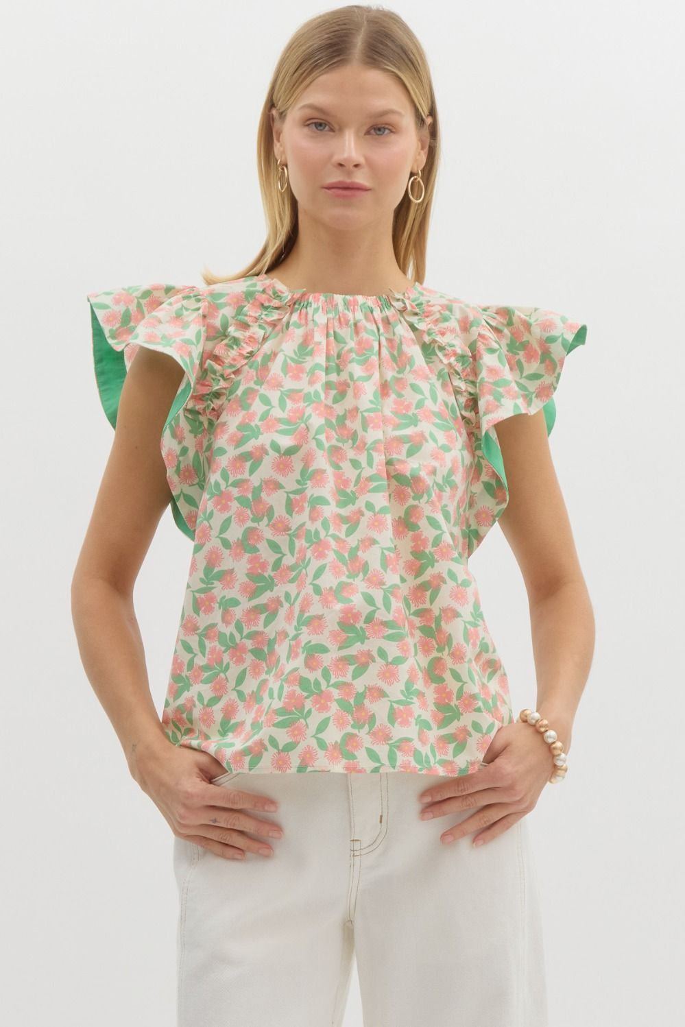 Anna Floral Printed Flutter Sleeve Top - Coremarkets