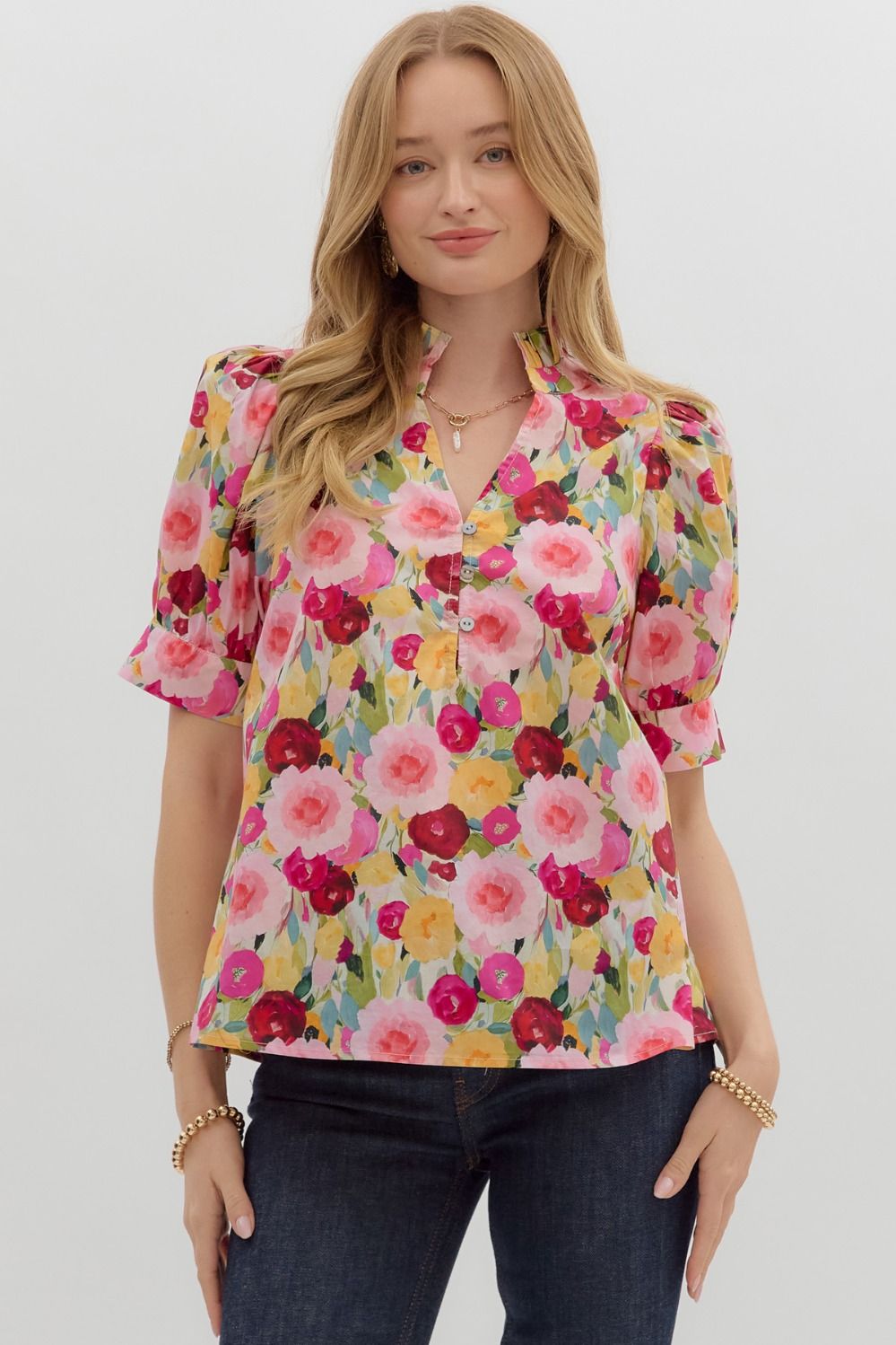 Kenzie Floral Print Split Neck Top - Coremarkets